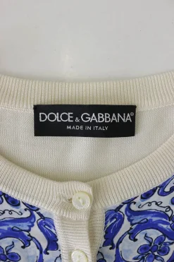 Ivory and blue mixed media silk Majolica tile print foulard cardigan