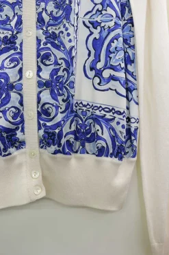 Ivory and blue mixed media silk Majolica tile print foulard cardigan
