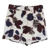 Ivory and burgundy polyester-blend pull-on high-rise tailored culotte shorts featuring graphic leaf motif