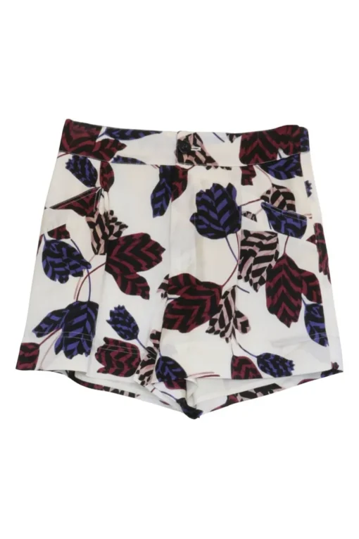 Ivory and burgundy polyester-blend pull-on high-rise tailored culotte shorts featuring graphic leaf motif
