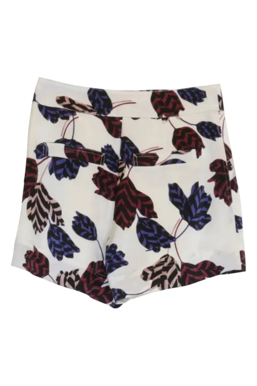 Ivory and burgundy polyester-blend pull-on high-rise tailored culotte shorts featuring graphic leaf motif