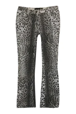 Ivory and espresso cotton-blend denim low-rise flared jeans with waist adjuster featuring cheetah digi-print