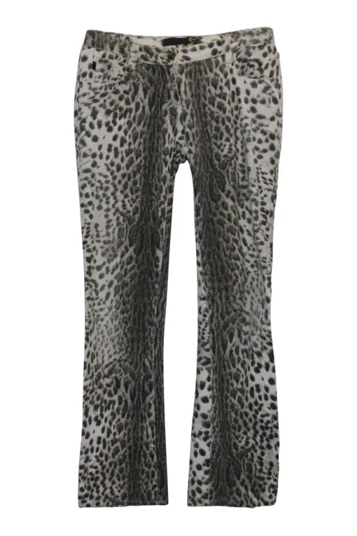 Ivory and espresso cotton-blend denim low-rise flared jeans with waist adjuster featuring cheetah digi-print