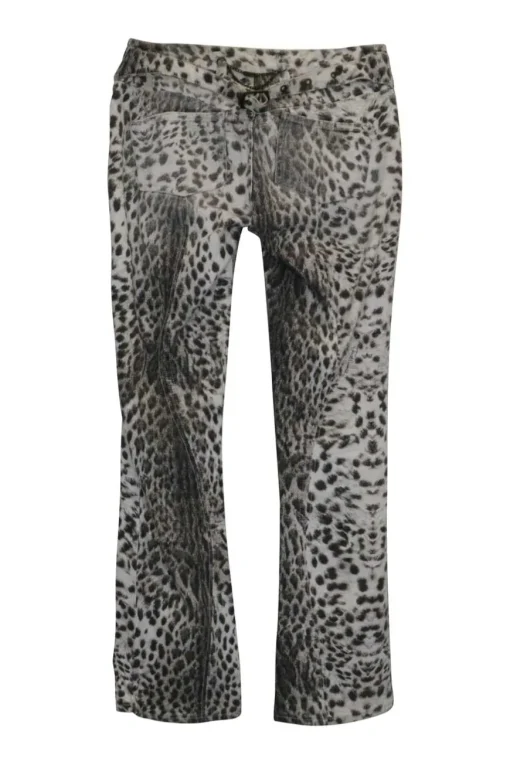 Ivory and espresso cotton-blend denim low-rise flared jeans with waist adjuster featuring cheetah digi-print