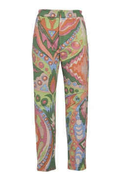 Ivory and multi-colour cotton-blend abstract graphic print pull-on high-rise straight-leg tailored trousers