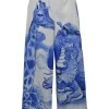 Ivory and navy cotton-blend animal print wide-leg pull-on elastic waist trousers