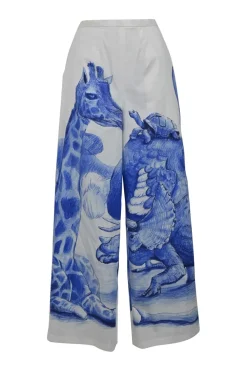 Ivory and navy cotton-blend animal print wide-leg pull-on elastic waist trousers