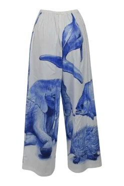 Ivory and navy cotton-blend animal print wide-leg pull-on elastic waist trousers