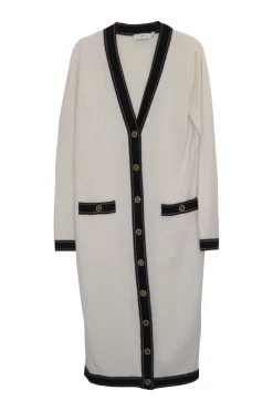 Ivory and navy merino longline Madeline cardigan with contrast trim and twisted brass logo shank buttons