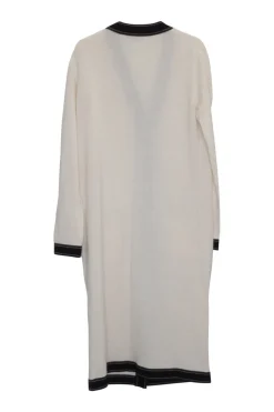 Ivory and navy merino longline Madeline cardigan with contrast trim and twisted brass logo shank buttons