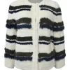 Ivory and navy rabbit fur chenille 3D intarsia stripe knit jacket