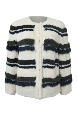 Ivory and navy rabbit fur chenille 3D intarsia stripe knit jacket