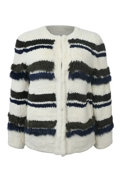 Ivory and navy rabbit fur chenille 3D intarsia stripe knit jacket