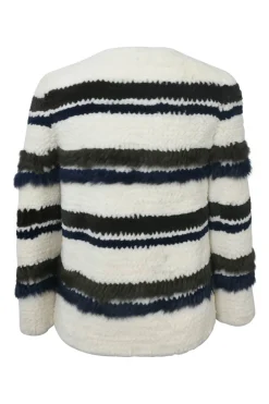 Ivory and navy rabbit fur chenille 3D intarsia stripe knit jacket