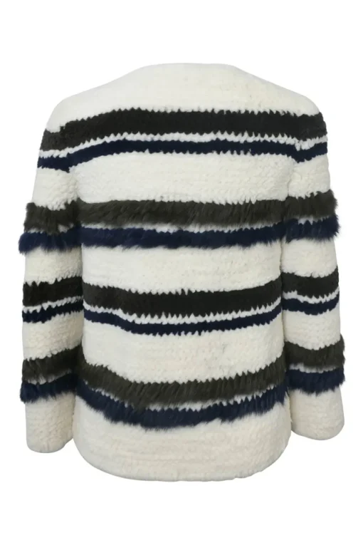 Ivory and navy rabbit fur chenille 3D intarsia stripe knit jacket