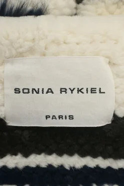 Ivory and navy rabbit fur chenille 3D intarsia stripe knit jacket