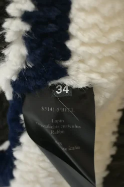 Ivory and navy rabbit fur chenille 3D intarsia stripe knit jacket