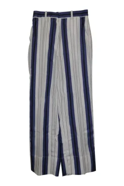 Ivory and navy striped silk twill wide-leg tailored trousers