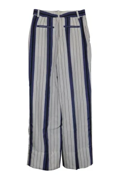 Ivory and navy striped silk twill wide-leg tailored trousers