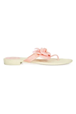 Ivory and pink jelly quilted camellia thong sandals with logo-embossed straps