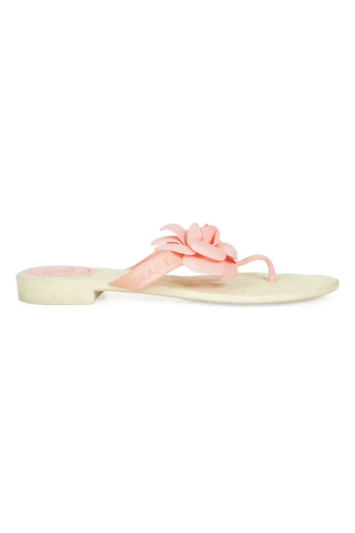 Ivory and pink jelly quilted camellia thong sandals with logo-embossed straps