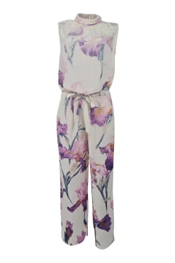 Ivory and purple silk painterly floral print roll neck jumpsuit with drawstring waist and tonal lace inserts
