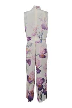 Ivory and purple silk painterly floral print roll neck jumpsuit with drawstring waist and tonal lace inserts