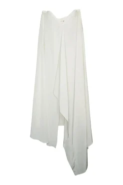 Ivory bias-cut silk satin sarong-style midi A-line skirt with asymmetric handkerchief hem