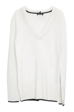Ivory cashmere pullover V-neck vented cricket jumper with contrast rib hem trim