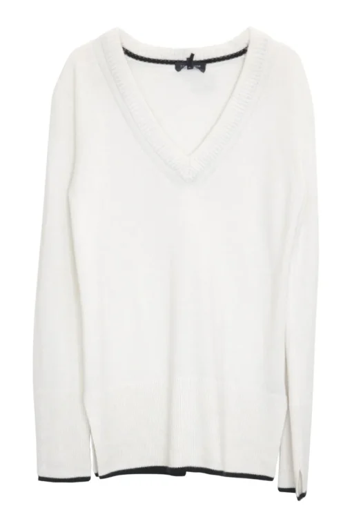 Ivory cashmere pullover V-neck vented cricket jumper with contrast rib hem trim