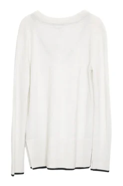 Ivory cashmere pullover V-neck vented cricket jumper with contrast rib hem trim