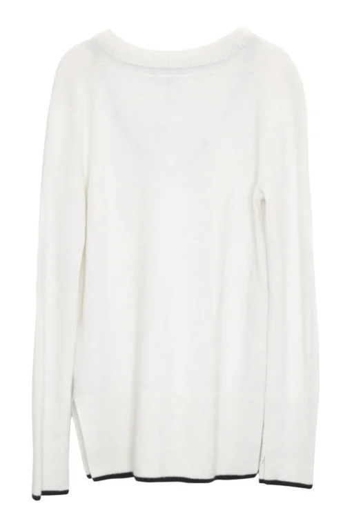 Ivory cashmere pullover V-neck vented cricket jumper with contrast rib hem trim