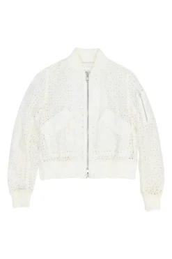 Ivory cotton broderie Anglaise peek-a-book zip-up bomber jacket with ribbed collar, cuffs, and hem