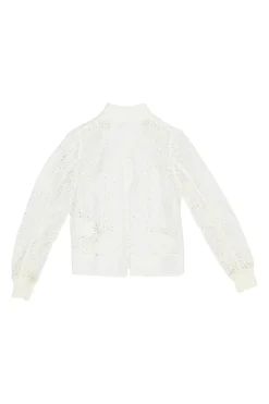 Ivory cotton broderie Anglaise peek-a-book zip-up bomber jacket with ribbed collar, cuffs, and hem