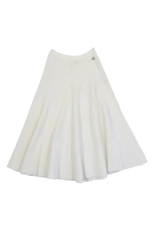 Ivory cotton-blend A-line plissé knit midi skirt