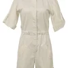 Ivory cotton-blend band collar snap-front cargo-style romper