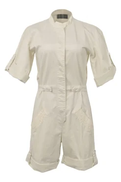Ivory cotton-blend band collar snap-front cargo-style romper