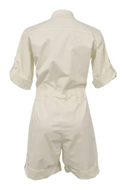 Ivory cotton-blend band collar snap-front cargo-style romper