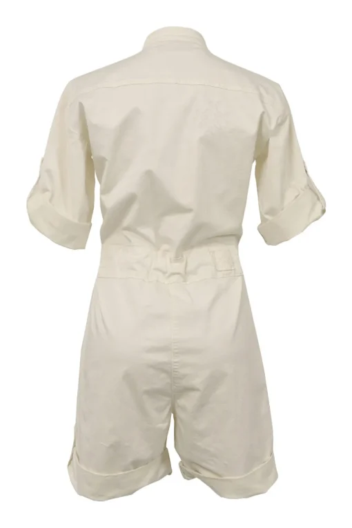 Ivory cotton-blend band collar snap-front cargo-style romper