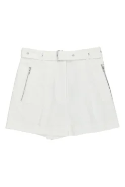 Ivory cotton-blend pull-on high-rise belted shorts with slanted zip pockets