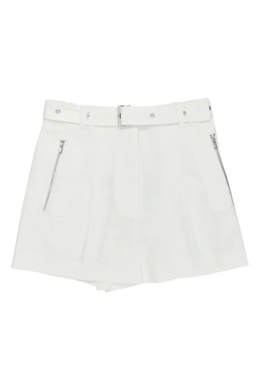 Ivory cotton-blend pull-on high-rise belted shorts with slanted zip pockets