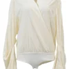 Ivory cotton-blend wrap-effect bodysuit with draped poet sleeves