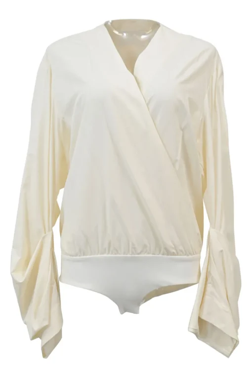Ivory cotton-blend wrap-effect bodysuit with draped poet sleeves