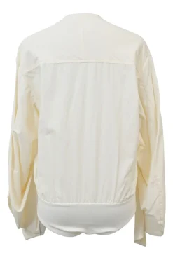Ivory cotton-blend wrap-effect bodysuit with draped poet sleeves