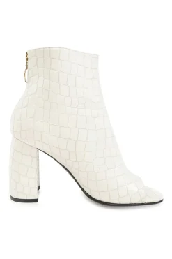 Ivory croc-embossed vegan leather open-toe block heel booties