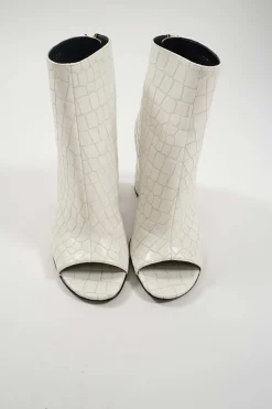 Ivory croc-embossed vegan leather open-toe block heel booties