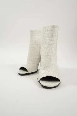 Ivory croc-embossed vegan leather open-toe block heel booties