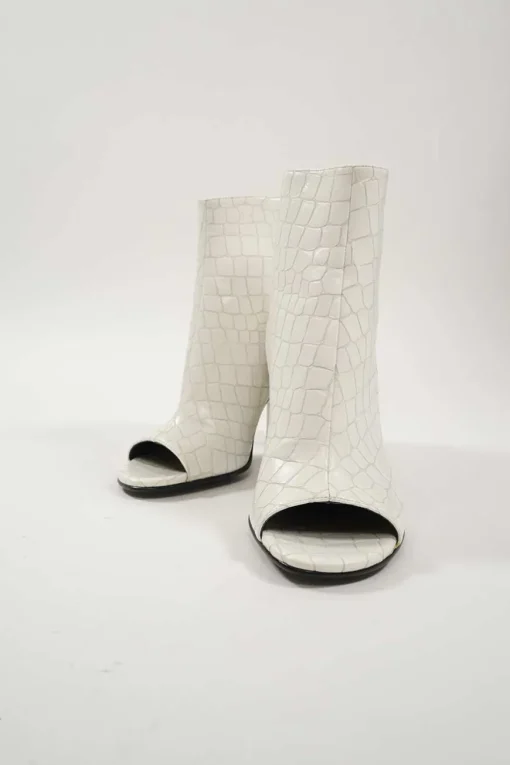Ivory croc-embossed vegan leather open-toe block heel booties