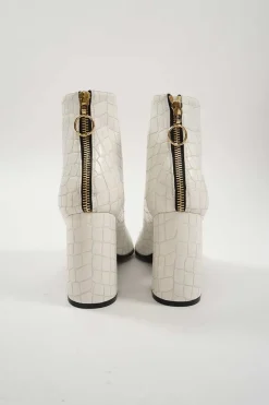 Ivory croc-embossed vegan leather open-toe block heel booties