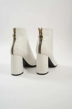 Ivory croc-embossed vegan leather open-toe block heel booties